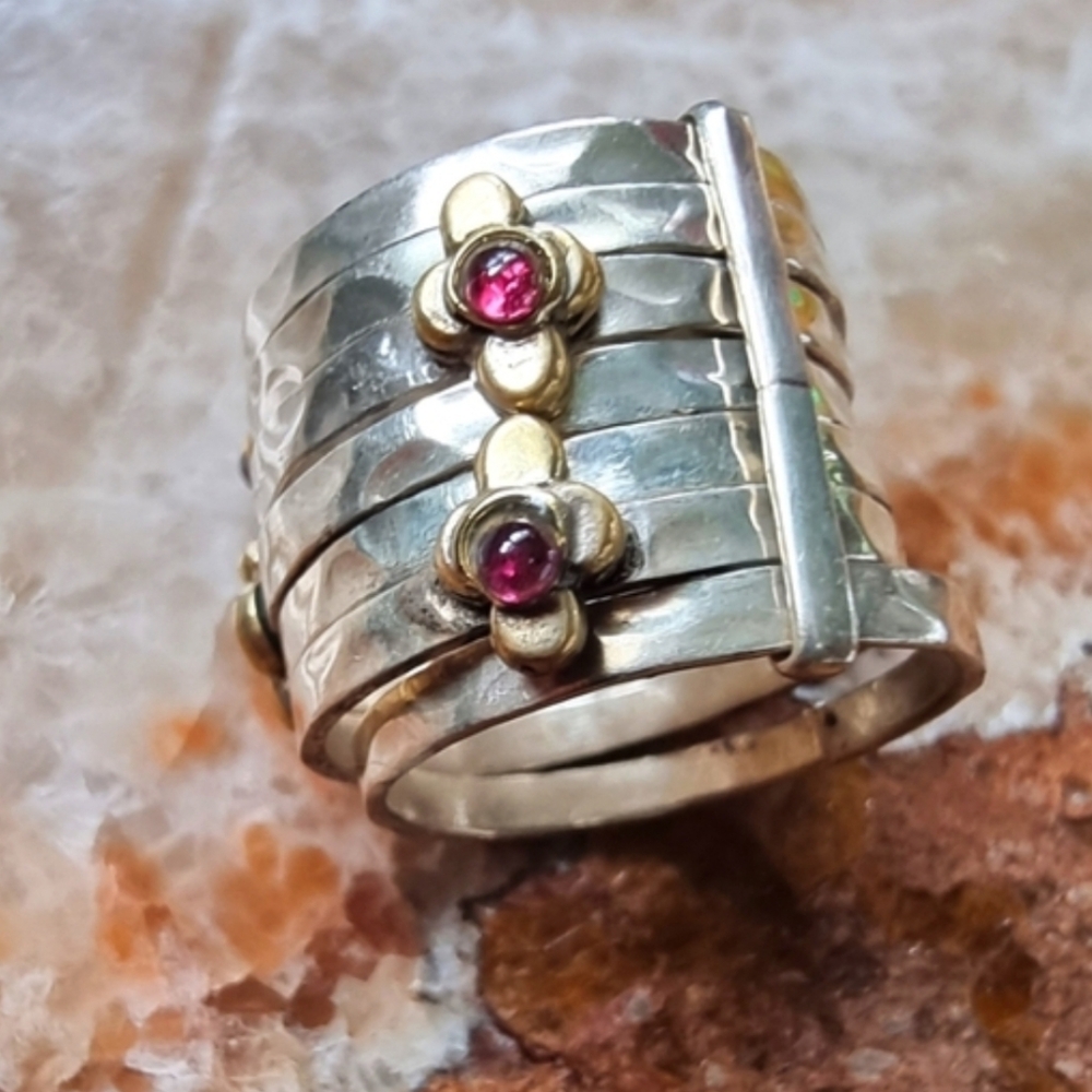 Vintage Two-Tone Boho Floral Sterling Silver Multi-Strand Butterfly Puzzle Ring